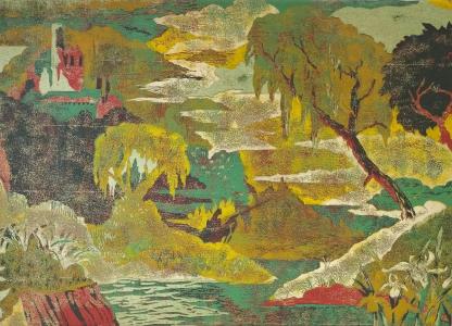 Aventures, linogravure et huile sur toile, 50x70cm, 2025.