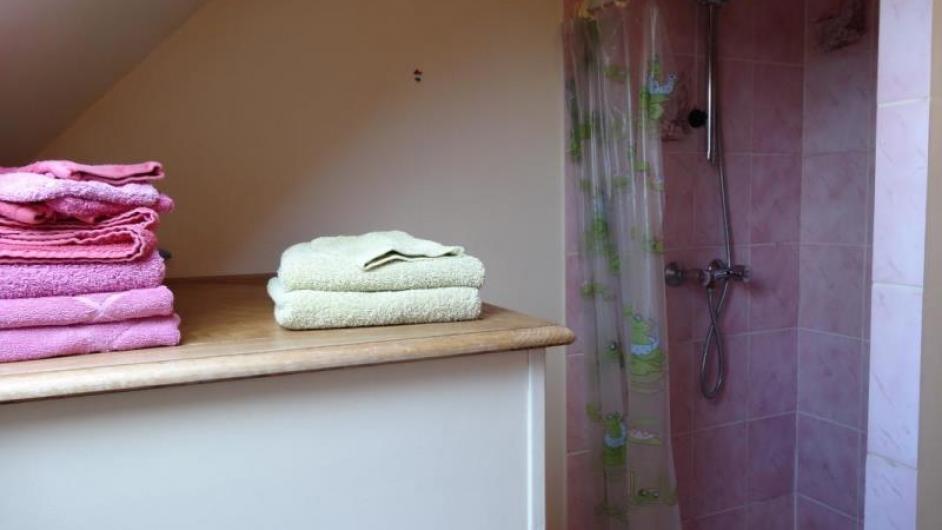 Chambres d'hôtes Les Vergers de la Vicomté d'Auge - salle d'eau - douche - serviettes - intérieur - chambre - Clarbec - Normandie - Calvados