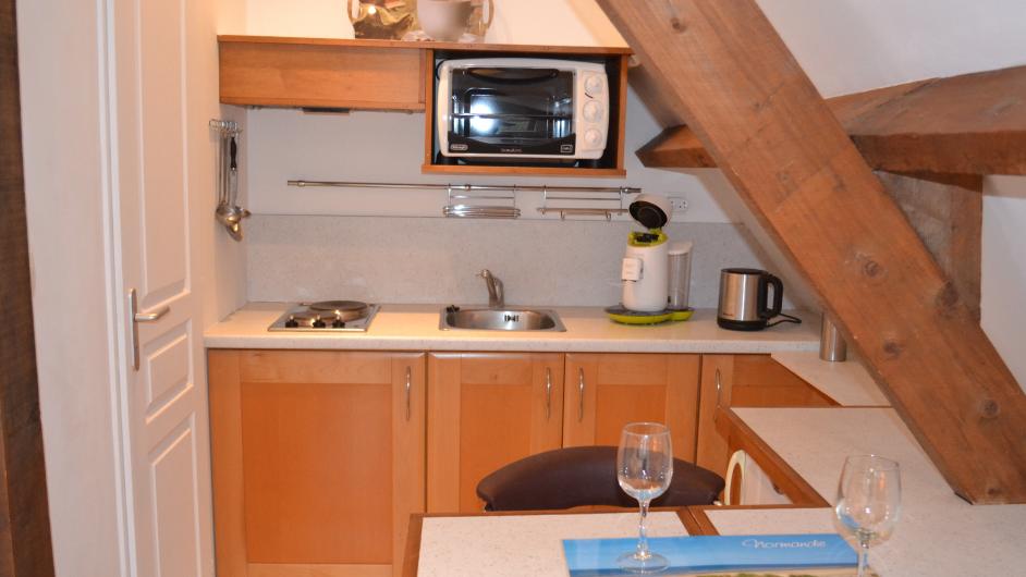 Studio du Domaine de la Petitière - intérieur - coin cuisine - Bonneville-la-Louvet - Normandie - Calvados 